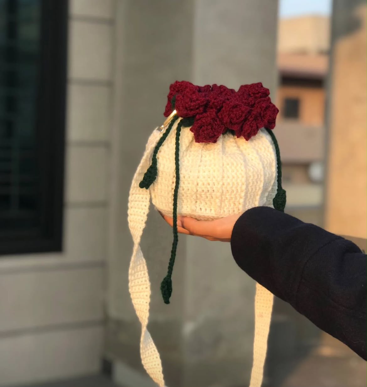 Rose Drawstring Pouch — handmade crochet bags & accessories